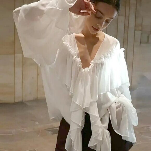 NEW! BOHO MULTI LAYER RUFFLE CHIFFON FLOWY BLOUSE - Picture 2 of 6